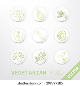 Icons vegetarian food. Watercolor texture. Green color. The image can be used for your business in catering, cafe, restaurant, shop