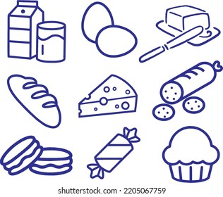 Icons. Vetor Cute Food. Milk, Eggs, Butter, Bread, Cheese, Sausage, Cookies, Candy, Cake. Badges. PNG