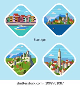 Icons views of European cities and traditional European landscapes. Vector illustration. Venice, lake Garda, Bavarian village, Republic of San Marino. svg