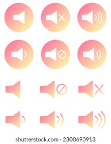 Icons of volume in gradient color. Audio, video, sound speaker. Vector icons set. Volume control buttons