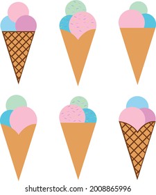 Icons with waffle ice cream. Sweet frozen dessert. Various types of color ice cream. Sundae colorful logo. 