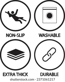 Icons of washable, non-slip, extra thick, durable bathtub mats. Rounded outlined vector icon set in black color