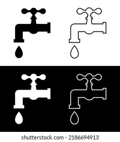Icons Of Water Faucets And Taps With Water Drop, Drip. Symbol, Illustration Of Faucet Leak, Leaky Tap Isolated For Kitchen Sink And Pipe. Vector.