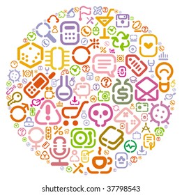 Icons for web, computer, business, shopping, science, media, leisure, gambling and danger. Vector illustration.