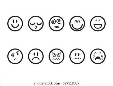 Icons for web design emotions: smiling, sleepy, fatigue, happiness, laughter, bewilderment, sadness, anger, disgust, crying