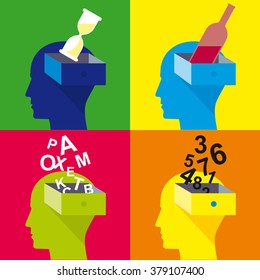 Icons for web design or printing. A human head in profile with open drawer. Thoughts about time, alcohol, letters, numbers. New thinking.