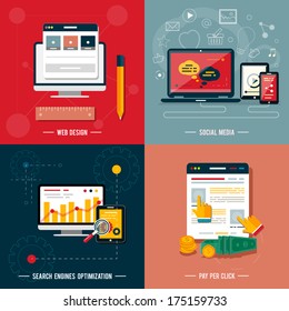 Icons for web design, seo, social media and pay per click internet advertising in flat design