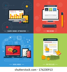 Icons for web design, seo, social media and pay per click internet advertising in flat design