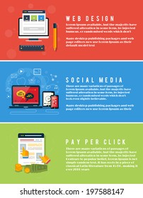 Icons for web design, seo, social media and pay per click internet advertising in flat design. Business, office and marketing items icons.