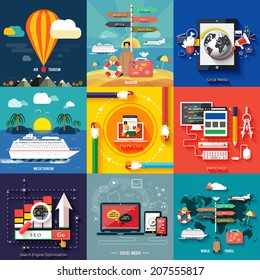 Icons for web design, seo, social media and pay per click internet advertising and icons set of traveling, planning a summer vacation in flat design