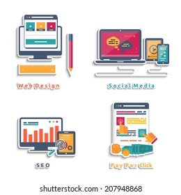 Icons for web design, seo, social media and pay per click internet advertising in flat design