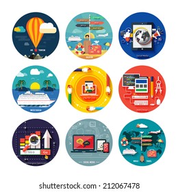 Icons for web design, seo, social media and pay per click internet advertising and icons set of traveling, planning a summer vacation in flat design