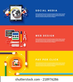 Icons For Web Design, Seo, Social Media And Pay Per Click Internet Advertising In Flat Design. Business, Office And Marketing Items Icons.