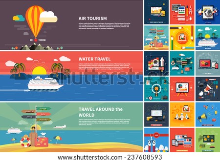 Icons for web design, seo, social media and pay per click internet advertising and icons set of traveling, planning a summer vacation in flat design