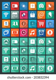 Icons for web and mobile applications in flat design style. Calendar camera video map trolley music mail and other item icons
