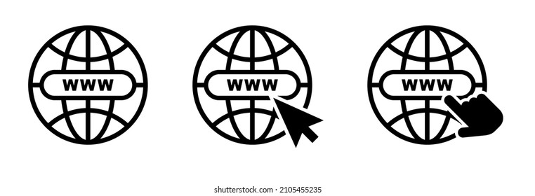 Icons of web world globe. Vector internet global earth, map for website. WWW, url go symbols for computer site. Black sphere flat pictogram of planet with arrow, mouse cursor, button illustration.EPS.