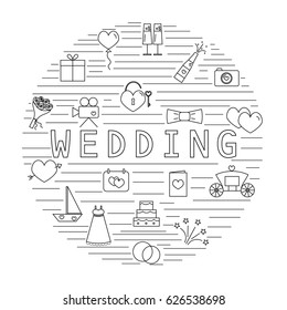  Icons wedding inside the round on a white background. Wedding icons in the style of line. Vector illustration