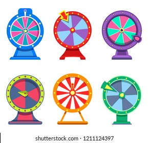 Icons of wheels of fortune for betting site or gambling roulette with arrows for internet casino. Lottery opportunity and betting, game addiction and winner, gambling and gaming, winning theme