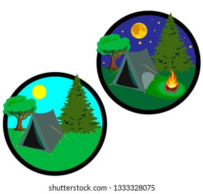 icons which shows the elements of travel day and night with a tent, fire and starry sky. Various elements of sports recreation.