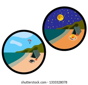 icons which shows the elements of travel day and night with a tent, fire and starry sky. Various elements of sports recreation.