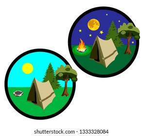 icons which shows the elements of travel day and night with a tent, fire and starry sky. Various elements of sports recreation.