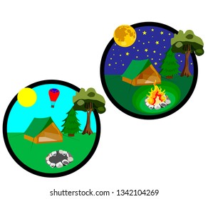 icons which shows the elements of travel day and night with a tent, fire and starry sky. Various elements of sports recreation.