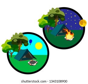icons which shows the elements of travel day and night with a tent, fire and starry sky. Various elements of sports recreation.