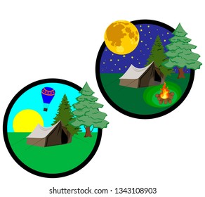 icons which shows the elements of travel day and night with a tent, fire and starry sky. Various elements of sports recreation.