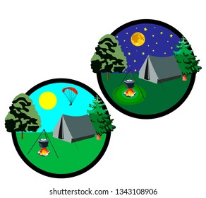 icons which shows the elements of travel day and night with a tent, fire and starry sky. Various elements of sports recreation.