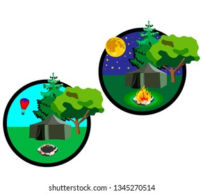 icons which shows the elements of travel day and night with a tent, fire and starry sky. Various elements of sports recreation.