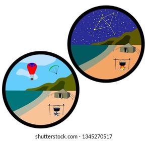 icons which shows the elements of travel day and night with a tent, fire and starry sky. Various elements of sports recreation.