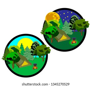 icons which shows the elements of travel day and night with a tent, fire and starry sky. Various elements of sports recreation.