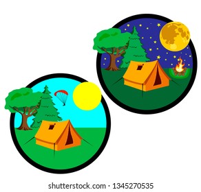 icons which shows the elements of travel day and night with a tent, fire and starry sky. Various elements of sports recreation.