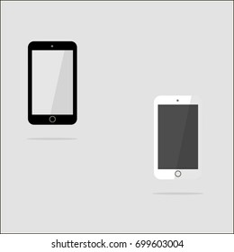 Icons of white and black smart phone with blank screen in ipad style . Flat design, vector illustration. EPS 10.