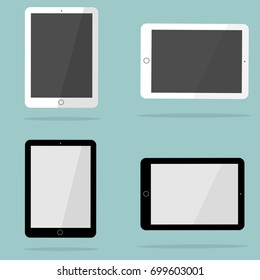 Icons of white and black tablet with blank screen in ipad style . Flat design, vector illustration. EPS 10.