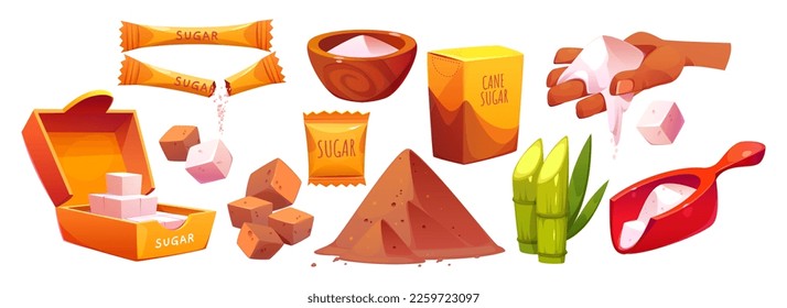 Icons of white and brown sugar in cubes and powder. Sweet food ingredient, bag, scoop, bowl with heap of sugar crumbs, box and package, vector cartoon set isolated on background