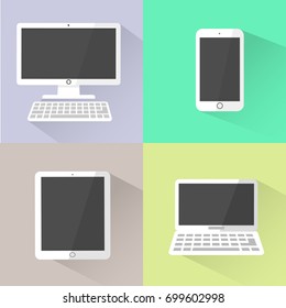 Icons of white computer, laptop, smart phone and tablet with blank screen. Flat design, vector illustration. EPS 10.
