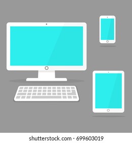 Icons of white computer, smart phone and tablet with blank screen. Flat design, vector illustration.