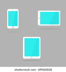 Icons of white smart phone and tablet with blank screen in ipad style .Flat design, vector illustration.