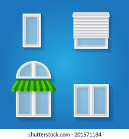 Icons for windows and louvers. Set of different kind of windows on white.