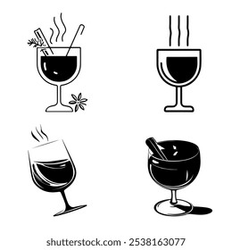 Icons of wine glasses and hot mulled wine with spices. Set of vector icons in black color in EPS 10 format