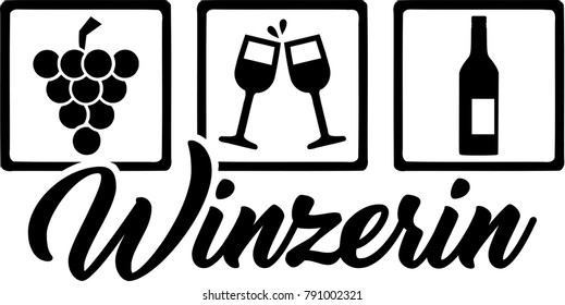 Icons for winemaker with grapes, glasses, winebottle and job title female german