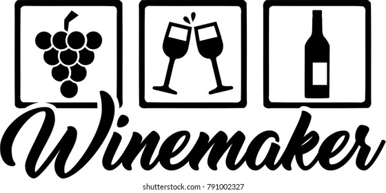 Icons for winemaker with grapes, glasses, winebottle and job title 