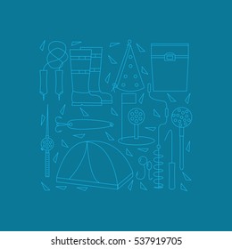 Icons of winter fishing arranged in a square. The poster or a banner with accessories for fishing on the ice. Vector illustration.