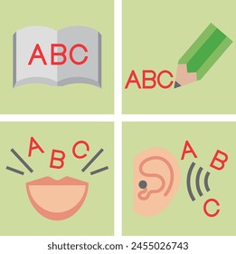 icons without lines representing the four basic skills necessary for learning English.