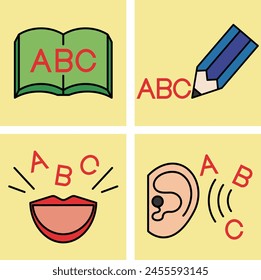 icons without lines representing the four basic skills necessary for learning English