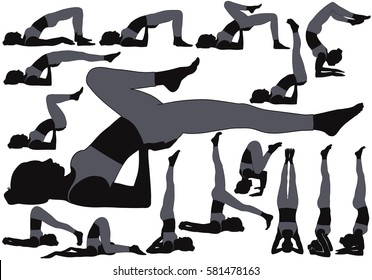 Icons of woman in different unturned yoga poses for flexible, strong and relaxed spine.