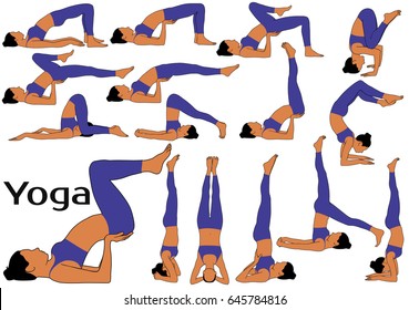 Icons of woman in different upturned yoga poses for flexible, strong and relaxed spine. Set of colored yoga silhouettes isolated on white background.