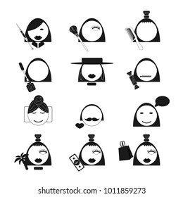 Icons of women. Vector image of female applications. Hairdresser, stylist, beautician, manicure, Dating, shopping, recreation, Spa, diet.