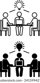 Los Iconos Trabajan Juntos. Ilustración vectorial de colegas sentados en la mesa y discutiendo una idea. Concepto de negocio y trabajo en equipo